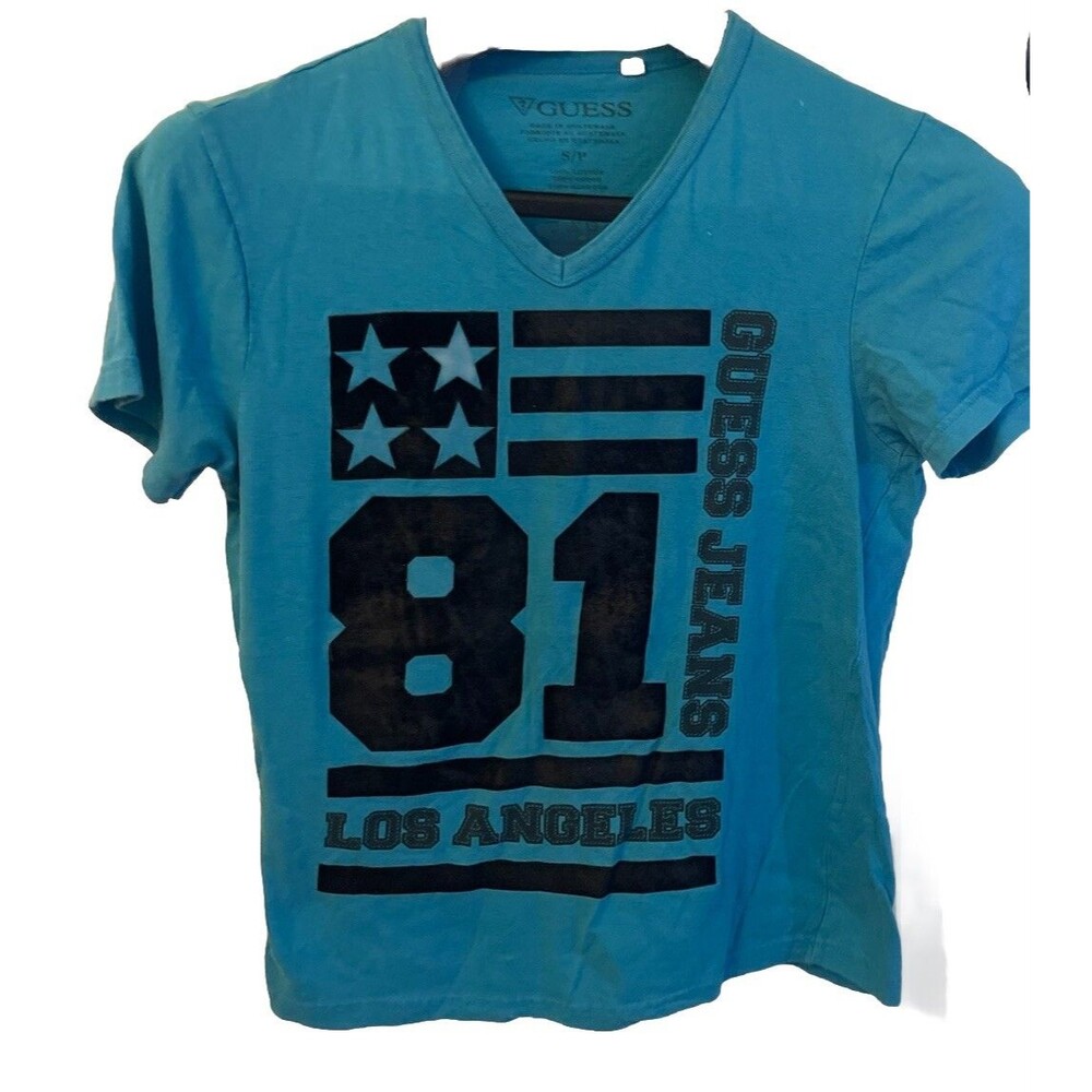 GUESS LOS ANGELES Jeans Woman’s V Neck T Shirt Blue Stars & Stripes Logo Size S